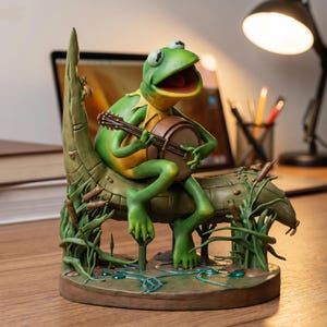May include: A green frog figurine playing a banjo, seated on a log with reeds and water plants. The frog has a yellow belly and is wearing a yellow collar. The figurine is on a brown base.