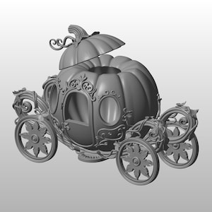 May include: A gray pumpkin carriage with ornate floral and vine detailing. The carriage features a hinged top, oval windows, and flower-shaped wheels. The design is reminiscent of a fairytale.