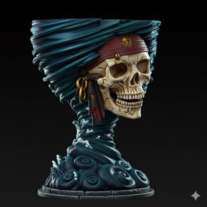 Könnte beinhalten: Ein schädelartiges Dekorationsstück mit Piratenmotiv. Der Schädel trägt ein rotes Bandana und goldene Ohrringe, mit einem wirbelnden blauen Design darum. Der Sockel ist dunkelgrau.
