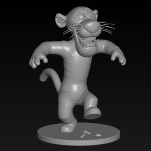 Könnte beinhalten: Graue 3D-gerenderte Figur eines Zeichentigers in dynamischer Pose. Der Tiger hat ein breites Grinsen, Schnurrhaare und einen langen Schwanz. Er steht auf einer kreisförmigen Basis mit kleinen, abgerundeten Formen. Der Hintergrund ist schwarz.
