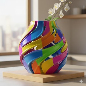 May include: A colorful, abstract vase with a swirling design in shades of blue, green, yellow, orange, and pink. The vase is made of a glossy material and sits on a wooden block. White orchids are in the vase.