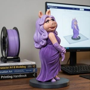 May include: A purple Miss Piggy figurine, wearing a long gown and gloves, stands on a round base. Her hair is styled in voluminous curls. A spool of purple filament and a computer monitor are in the background.