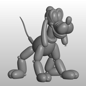 Puede incluir: Una representación 3D gris de un perro, que se asemeja a un animal de globo. El perro está sentado, con la cabeza ligeramente girada hacia la derecha. Tiene orejas grandes, un hocico largo y una cola. El diseño es suave y redondeado.