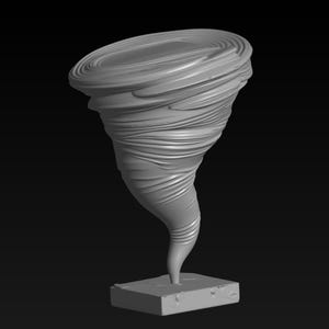 May include: A gray, stylized sculpture of a tornado. The sculpture is a detailed representation of a swirling vortex, mounted on a square base. The tornado shape is the focal point, with textured lines suggesting wind and movement.