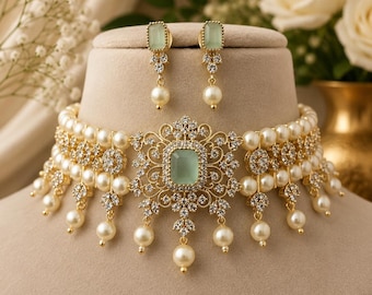 Kundan Choker Necklace Set: Indian Wedding Jewelry, Gold Plated , Traditional jewelery