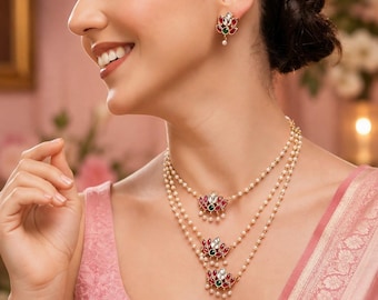 Traditional Indian Kundan Pearl Necklace Set, Lotus Design Bridal Jewelry, Ethnic Wedding Jewellery Gift for Her and beautiful design