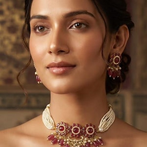 May include: A gold-toned choker necklace and matching earrings set featuring white seed pearl strands, circular floral motifs with deep red stones, and dangling red teardrop beads with small white pearls throughout the jewelry design.