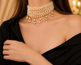 Pearl Choker Necklace Indian Bridal Choker, Layered Pearl Necklace, Wedding Jewelry, for Women, Pakistani Jewelry, Statement Pearl Collar