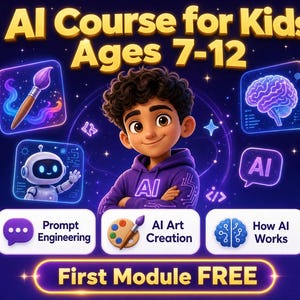 May include: A digital illustration promoting an AI course for kids aged 7-12. The image features a cartoon boy in a purple hoodie, surrounded by icons representing AI concepts like prompt engineering, art creation, and how AI works. The text "AI Course for Kids Ages 7-12" is prominently displayed.