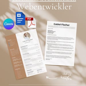 May include: A resume template for a web developer, featuring a Word document icon, a PDF icon, and a Canva logo. The resume is displayed on a light brown background with the name "Gabriel Fischer" and the text "Lebenslauf x Anschreiben Webentwickler".