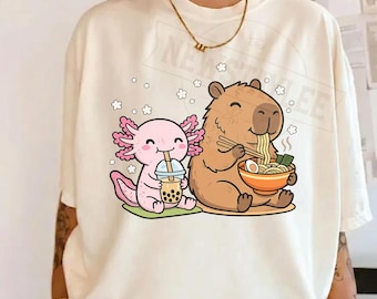 Capybara and Axolotl PNG, Cute Animal Friends Design, Kawaii Ramen and Boba Art, Funny Food Animal Shirt, Adorable Cartoon Sublimation PNG