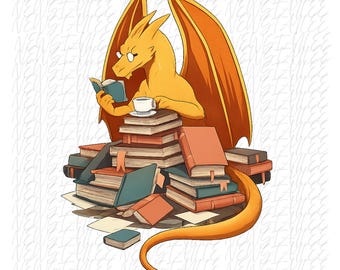 Dragon Reading Books Floral PNG | Book Lover Art (Digital Download)