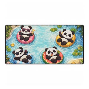 May include: A rectangular mousepad featuring four cartoon pandas relaxing in a pool. Each panda is floating on a different inflatable, including a watermelon slice and a pink donut. The pandas are wearing sunglasses and holding drinks.