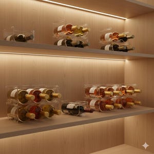 May include: A wooden wine rack with multiple clear acrylic holders, each containing several bottles of wine. The bottles are various colors, including red, white, and rosé. The rack is illuminated by warm lighting.