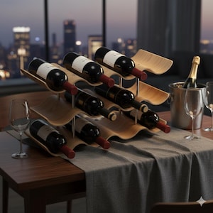 Puede incluir: Un botellero de madera que contiene varias botellas de vino tinto. El botellero tiene un diseño ondulado y está hecho de madera clara. Las botellas son oscuras con etiquetas blancas y tapones rojos. La escena está ambientada en una mesa con un horizonte urbano al fondo.