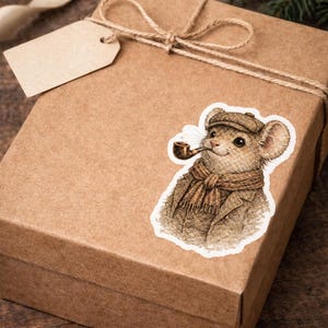 May include: A brown gift box tied with twine and a blank tag. A sticker of a mouse wearing a hat, scarf, and coat, smoking a pipe, is on the box. The box is on a wooden surface, with pine needles and a pine cone in the background.