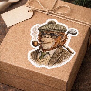 Puede incluir: Una caja de regalo marrón atada con hilo, con una pegatina de un mono con gorra de tweed, gafas de sol y blazer, fumando en pipa y sosteniendo un palo de golf. Se adjunta una etiqueta en blanco.