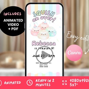Könnte beinhalten: Eine digitale Geburtstagseinladung auf einem Smartphone-Bildschirm. Das Design zeigt Pastellfarben, niedliche Knödel-Illustrationen und den Text "Squish on over!" und "Rebecca wird 9!" Enthält animiertes Video und PDF.