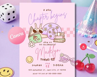 May include: A light pink birthday invitation card featuring a cartoon snail, books, and flowers. Text reads: A NEW Chapter begins, JOIN US TO CELEBRATE! Madelyn TURNS 12! SUNDAY JUN 12 3:00PM, 123 ANYWHERE ST., ANY CITY, ST 12345, RSVP TO SUE AT 00-000-000.