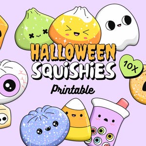 May include: A digital graphic featuring ten cute Halloween-themed characters including a pumpkin, ghost, eyeball, and candy corn. The text reads HALLOWEEN SQUISHIES Printable. The characters have simple faces and colourful designs on a light purple background.
