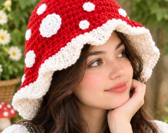 May include: A crochet bucket hat featuring a vibrant red crown adorned with multiple white circular patches, mimicking a mushroom cap. The hat has a wide, wavy brim finished with a thick, cream-colored crocheted border along the entire edge.