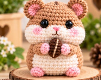 May include: A crocheted hamster figurine featuring light brown and cream yarn, large black plastic eyes, pink stitched cheeks, and small pink paws. The hamster is holding a small, dark brown, oval-shaped nut with a light tan center stripe.