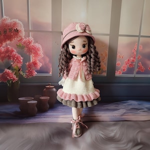 Wzór na szydełkową lalkę Rosalin Amigurumi | Szczegółowa sukienka i kapelusz (do pobrania w wersji cyfrowej)
