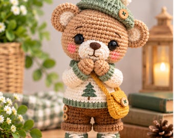 May include: A crocheted teddy bear toy wearing a green beret with a white pom-pom, a cream sweater featuring a green pine tree graphic, brown shorts with buttons, and white sneakers. The bear has a yellow crossbody bag and pink blush on its cheeks.
