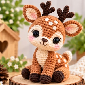 May include: A crocheted stuffed deer toy with a light brown body, white chest, and dark brown antlers. The deer features large black eyes, pink cheeks, and white spots on its head and back. It is sitting in an upright position with dark brown hooves.