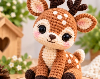 May include: A crocheted stuffed deer toy with a light brown body, white chest, and dark brown antlers. The deer features large black eyes, pink cheeks, and white spots on its head and back. It is sitting in an upright position with dark brown hooves.