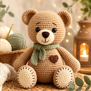 Op de afbeelding: Een gehaakte beige teddybeer met een lichtcrèmekleurige snuit, een donkerbruine neus en een klein bruin hartje op de borst. De beer draagt een gehaakte saliegroene sjaal en heeft crèmekleurige ronde lappen op de onderkant van de voeten.