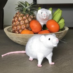 Puede incluir: Un cuenco de madera lleno de fruta fresca, incluyendo una piña, naranjas y plátanos. Dos ratas blancas de ganchillo con colas y patas rosas están delante del cuenco. Las ratas tienen ojos negros y narices rosas.