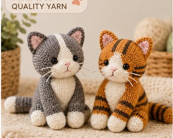 May include: Two handmade crochet cat plushies. One is gray and white with a pink nose and ears, and the other is orange tabby and white with dark stripes, a pink nose, and pink ears. Both have black eyes and white whiskers. Text reads: PREMIUM QUALITY YARN.