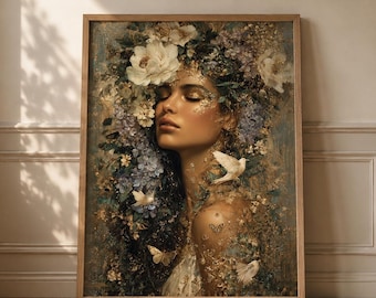 Quadro da parete con dea botanica / Stampa vintage con ritratto floreale / Elegante decorazione per la camera da letto