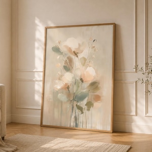 Neutral Botanical Wall Art Print | Soft Abstract Floral Painting, Beige Sage Poster