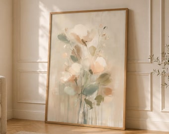 Lámina decorativa botánica neutra para pared / Pintura floral abstracta suave, póster en tonos beige y verde salvia