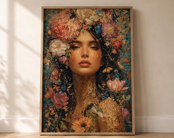 Stampa con ritratto di donna e motivi floreali botanici: opera d'arte vintage per la decorazione della casa, romantica e in stile boho.