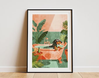 Dackel Bad Poster: Sauser Hund in rosa Klauenfüßen Wanne Wand Kunst (Print)