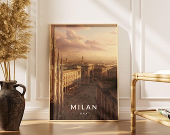 Poster Mailand: Italienische Stadtansicht Kunstdruck - Duombo Statue Leonardo da Vinci