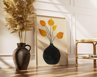 Minimalistische Blumenwandkunst - Moderner botanischer Druck - Schwarz-Goldvasenkunstwerk - Neutrales Skandinavisches