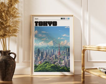 Poster di viaggio di Tokyo, Giappone: panorama urbano del Monte Fuji, stampa artistica per l'arredamento di casa.