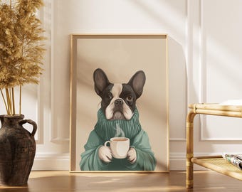 Witzige Französische Bulldogge, Kaffee Poster: Lustiges Hunde Poster, gemütliches blaues Dekor