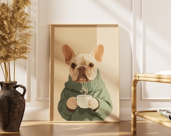 Französische Bulldogge Creme Frenchie Kaffee Druck: Lustiger Hund Poster, gemütliches grünes Dekor