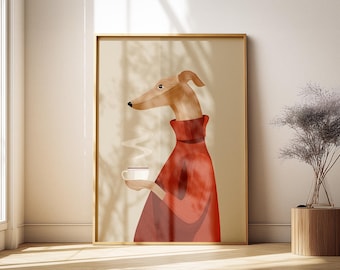 Skurriles Windspiel Whippet Kaffee Print: Lustiges Hunde Poster, gemütliches rotes Dekor