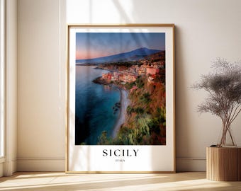 Sicily Travel Poster: Coastline Mediterranean Print, Italy Coastal Wall Art, Mount Etna