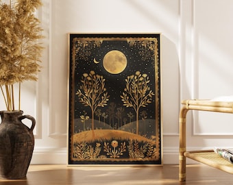 Lámina artística de la luna de William Morris, póster de cielo nocturno botánico dorado, impresión de inspiración textil vintage