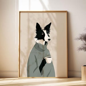 Whimsical Border Collie Dog Coffee Print: Funny Dog Poster, Cozy Grey Decor