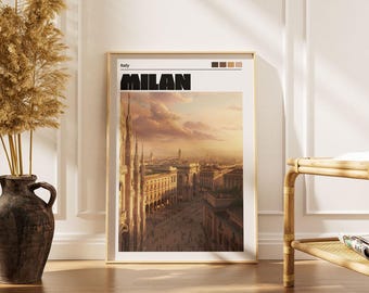 Poster Mailand: Italienische Stadtansicht Kunstdruck - Duombo Statue Leonardo da Vinci