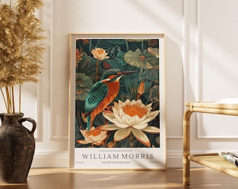 Poster del martin pescatore di William Morris / Illustrazione botanica in stile Arts and Crafts, stampa color verde acqua e ruggine