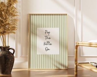 Pon la tetera: Póster con cita de rayas retro, lámina decorativa para la pared de la cocina.